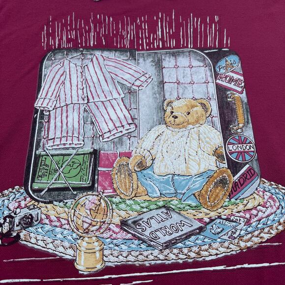 Vintage 90s Travel Teddy Bear Grandma Sweater Sweatshirt  - Size Large - Picture 2 of 6